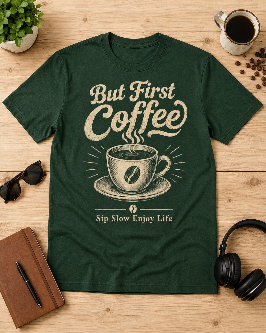 But First Coffee Graphic T-Shirt-Forest Green-3