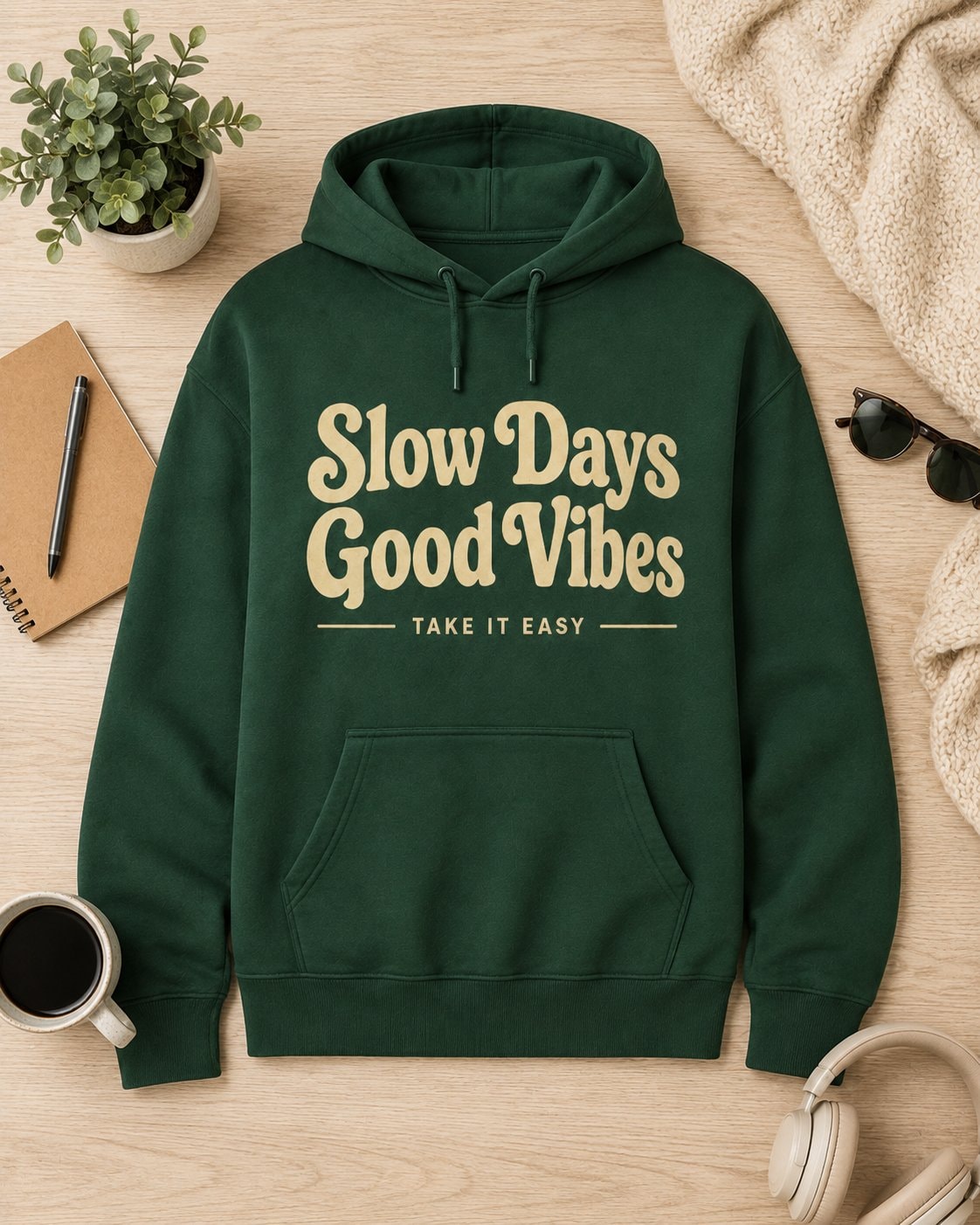 Slow Days Good Vibes Hoodie-Forest Green-3