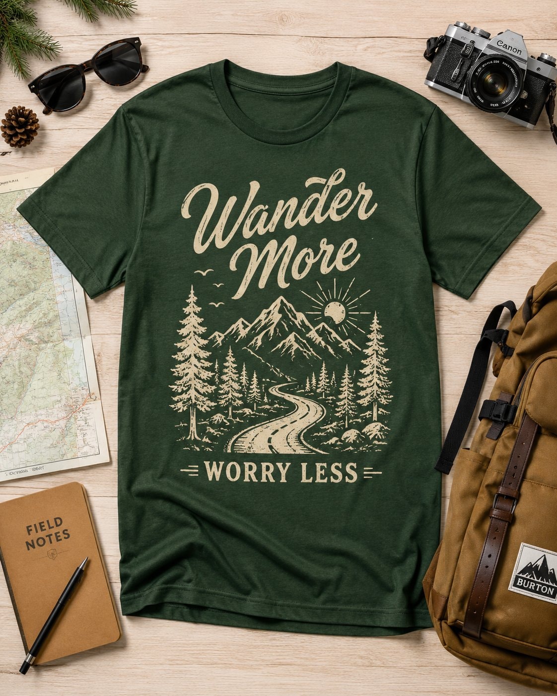 Wander More Worry Less Graphic T-Shirt-Forest Green-3