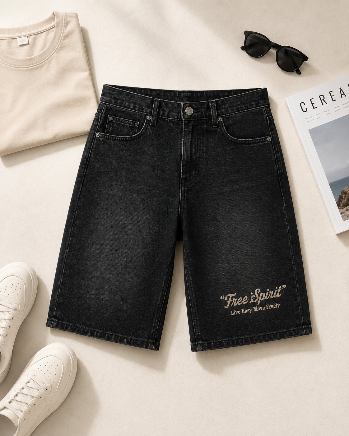 Free Spirit Denim Half Pants-Black-3
