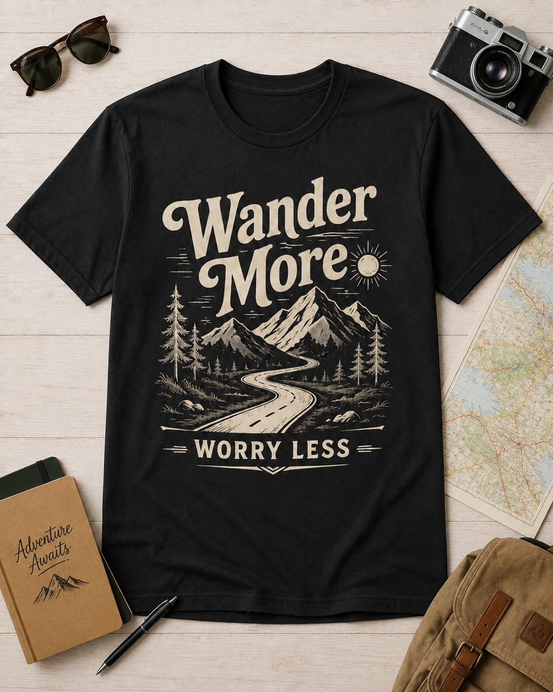 Wander More Worry Less Graphic T-Shirt-Black-4