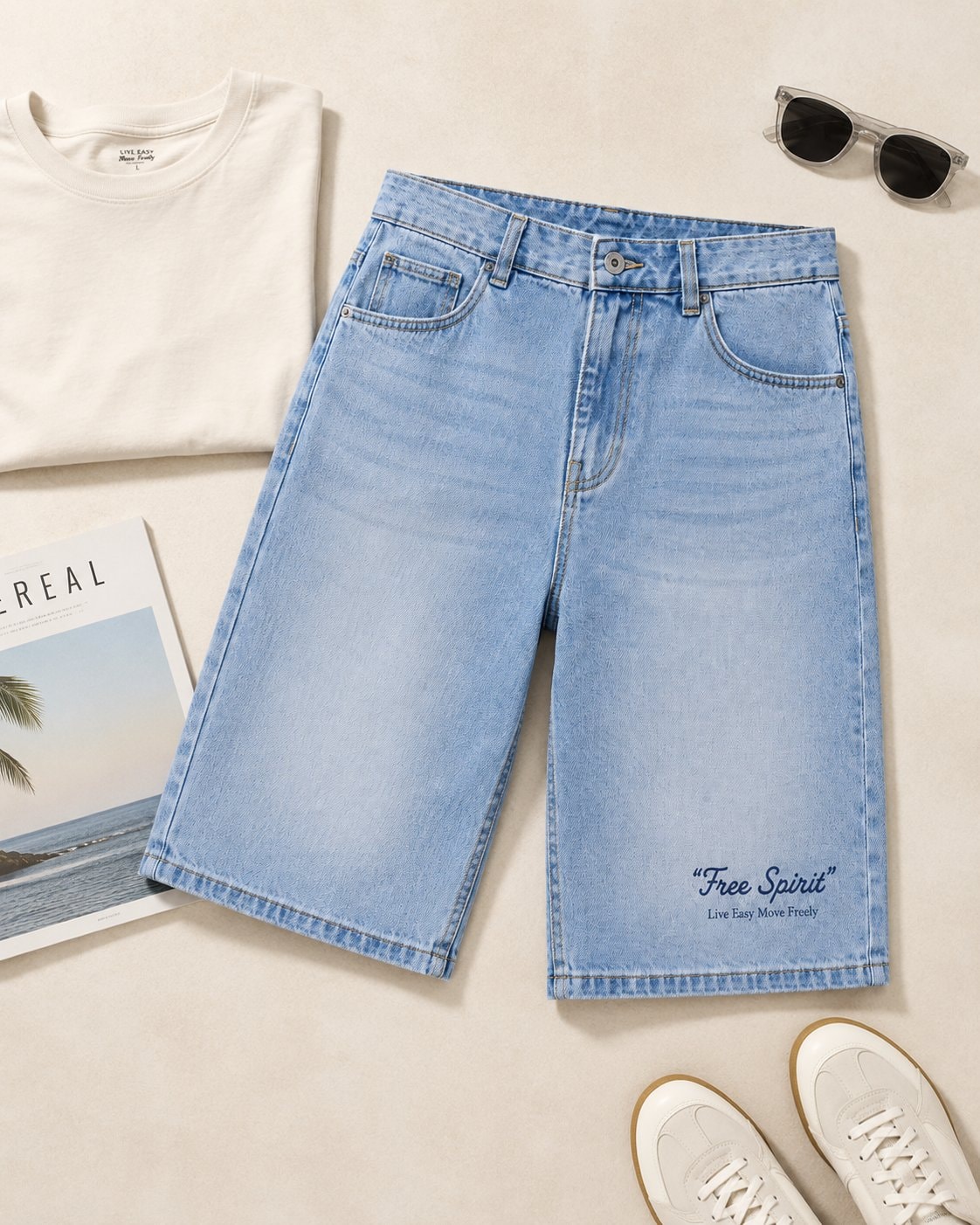 Free Spirit Denim Half Pants-Light Blue-3