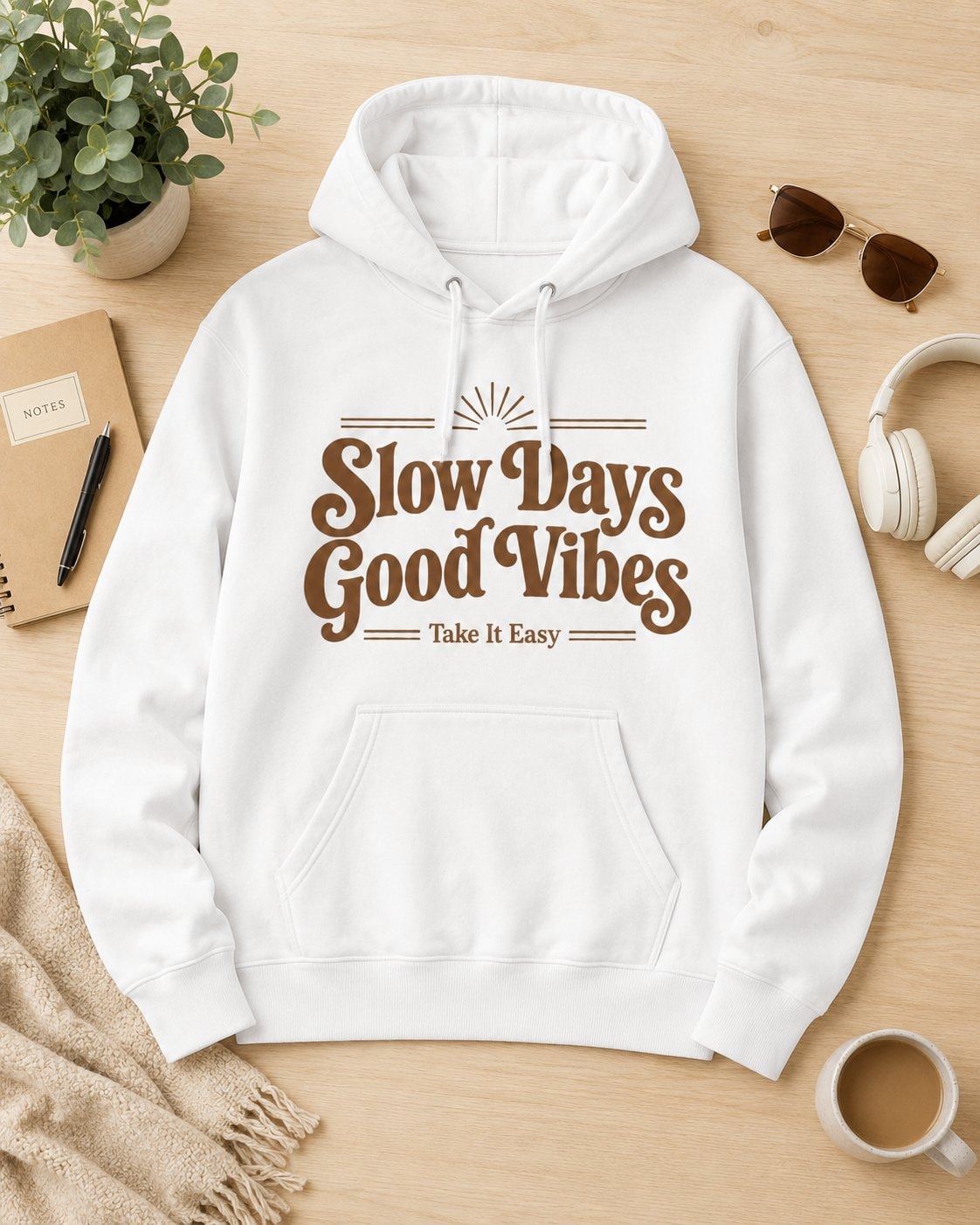 Slow Days Good Vibes Hoodie-White-3