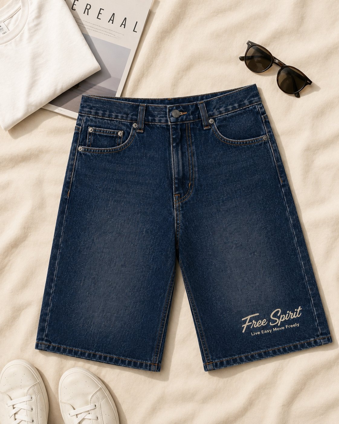 Free Spirit Denim Half Pants-Vintage Dark Blue-3