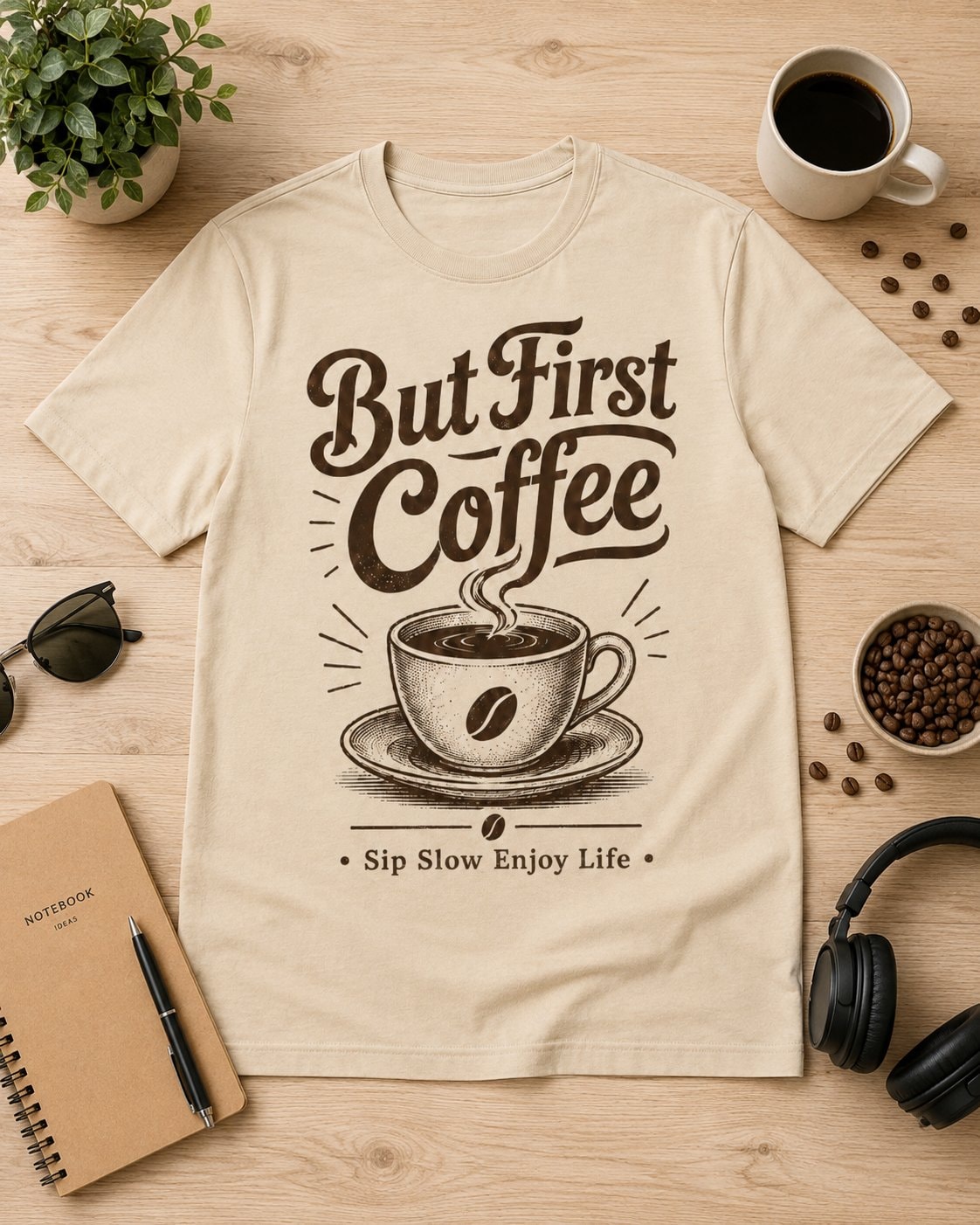 But First Coffee Graphic T-Shirt-Sand-3